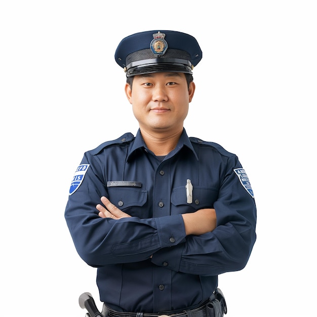 Asian male police officer stands wearing his professional uniform with crossed arms a smiling face