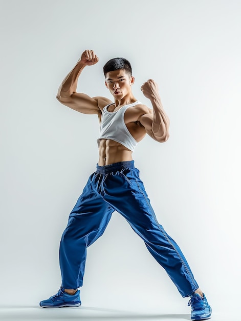 Photo asian male punching the air with right foot raised wearing blue shorts white sports tank top