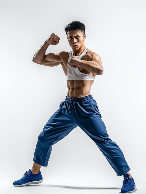 Photo asian male punching the air with right foot raised wearing blue shorts white sports tank top