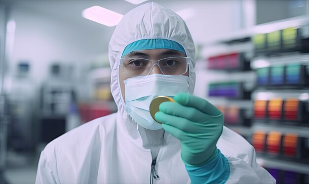 Asian male technician holds colored petri dishes in laboratory Creating using generative AI tools