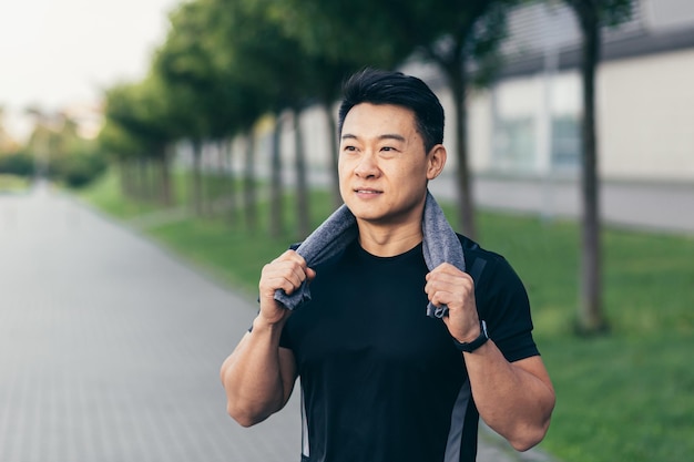 Asian man after fitness workout and jogging happy man smiling shows thumb up and looks at camera