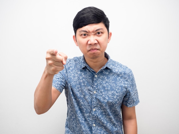 Asian man angry face emotion point finger at you portrait