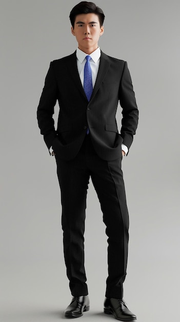 Photo asian man in black suit with royal blue tie