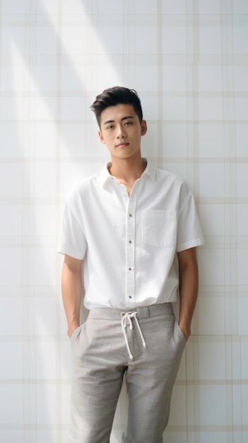 Asian man in checkered shirt and white pants white wall