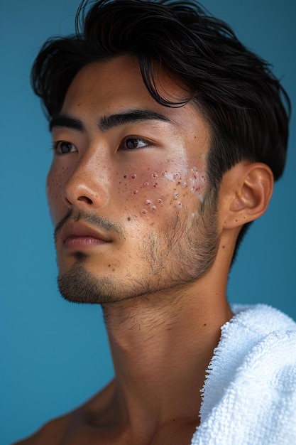 Asian man closeup with pimply skin blue background