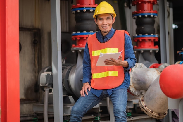 Asian man engineer are working in factory and checking safety system control on production industrial