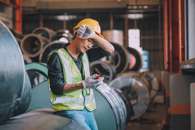 Asian man engineer working hard in factory worker employee hard hat safety control machine factory