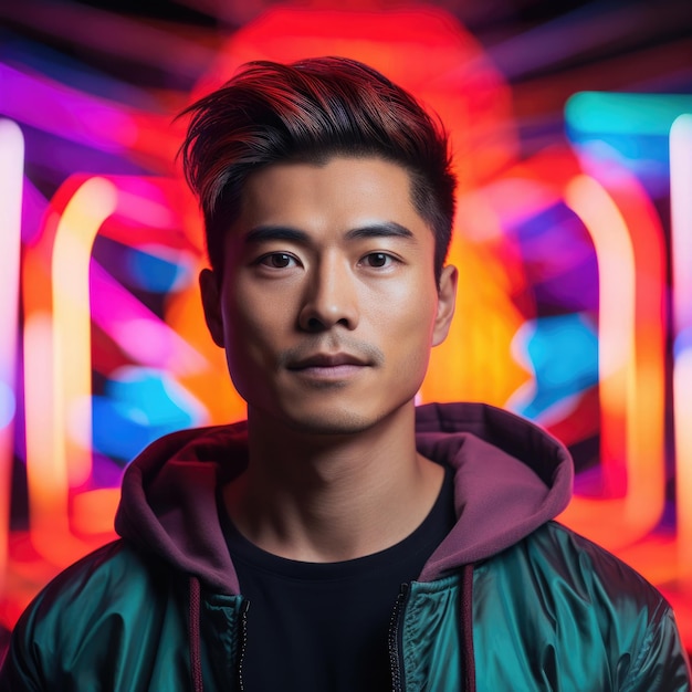 Asian man fashion portrait on abstract colorful background Oriental male model looking at camera neon colored lighting Created with Generative AI