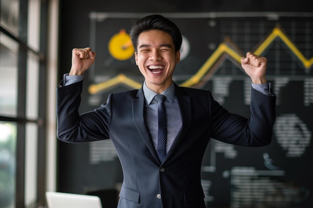 Asian man feeling winner rejoicing online win got new job opportunity