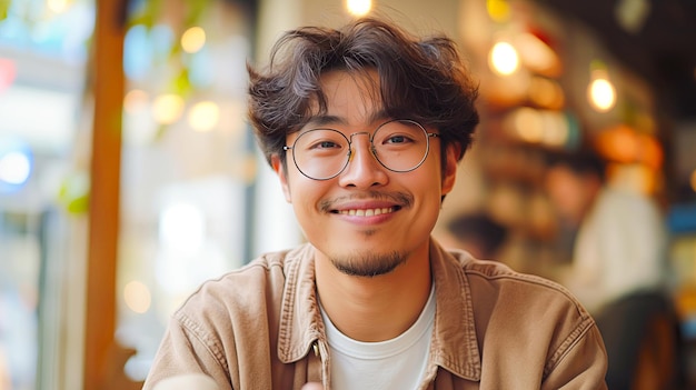 Asian man in glasses smiling at camera in cafe