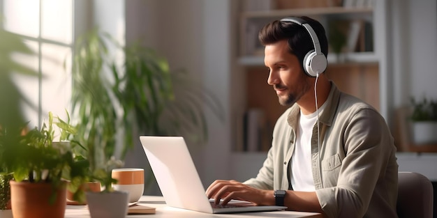 Asian man in headset using laptop for online lesson at home Concept Online Learning Asian Man Headset Laptop Home