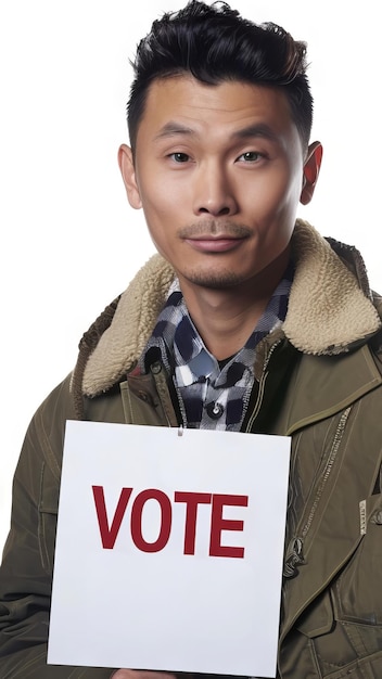 Asian man holding bold VOTE sign encouraging civic duty Asian male voter Concept of election personal empowerment voting citizen rights diversity Isolated on white background Vertical