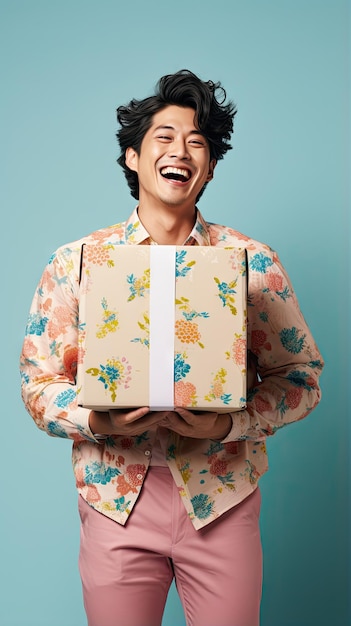 Asian man holding a box