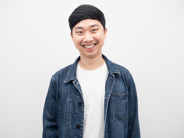 Asian man jeans shirt happy smiling portrait white background