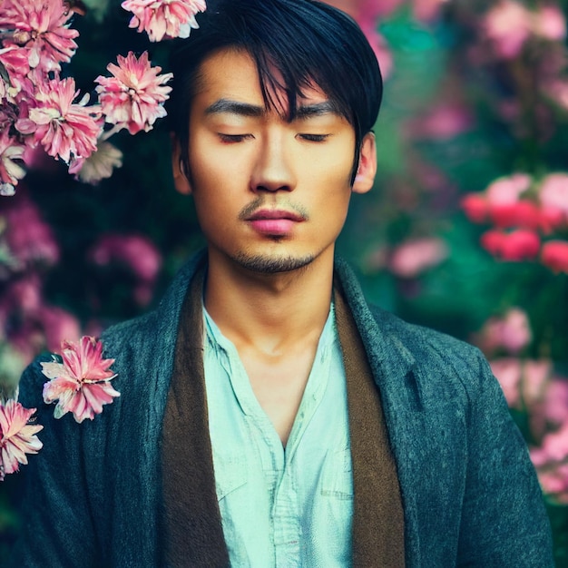 Asian man portrait with closed eyes and flowers in background 3d rendering