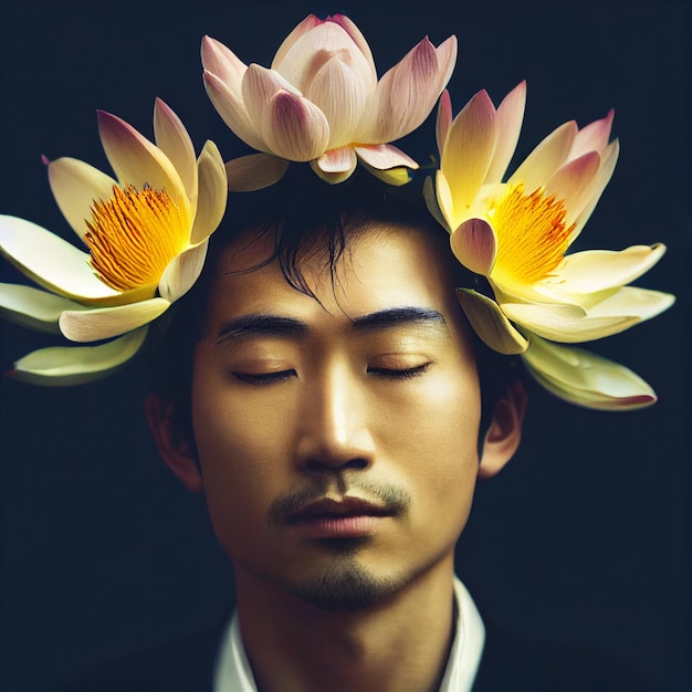 Asian man portrait with closed eyes and flowers in background 3d rendering