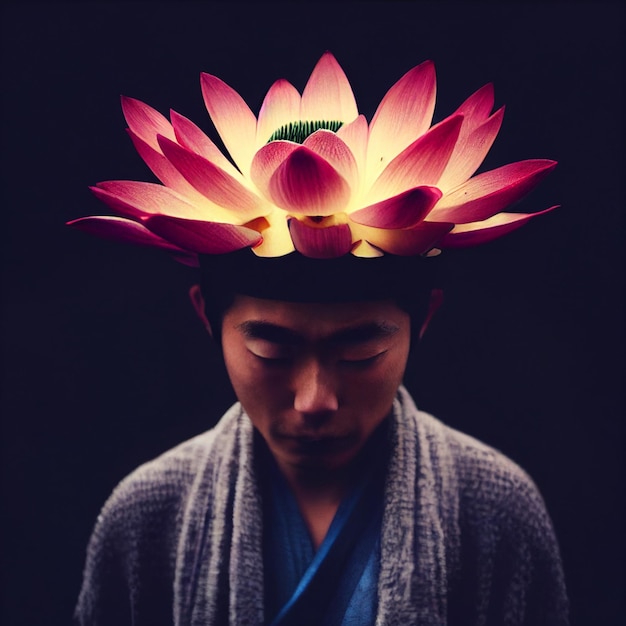 Asian man portrait with closed eyes and flowers in background 3d rendering