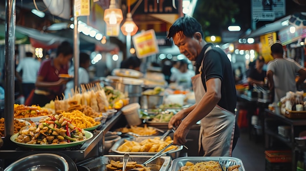 Asian Man Preparing Food in Vibrant Street Scene