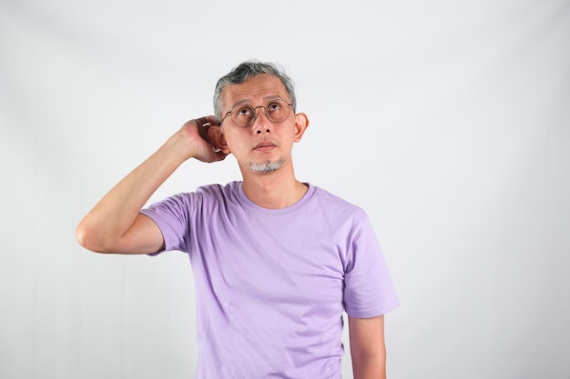 Asian Man in a purple shirt with serious expressions think about something