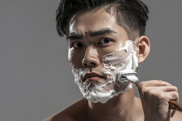 Asian man shaving face with razor in studio