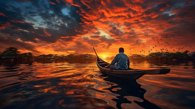 Asian man sitting in a small boat in the river To watch the sunset in the evening Generative AI