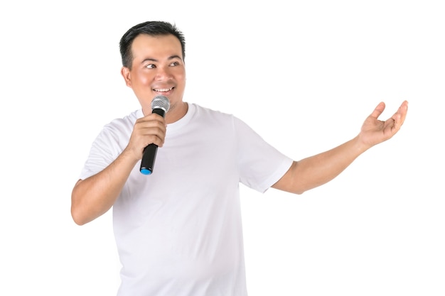 Asian man speaking into wireless microphone