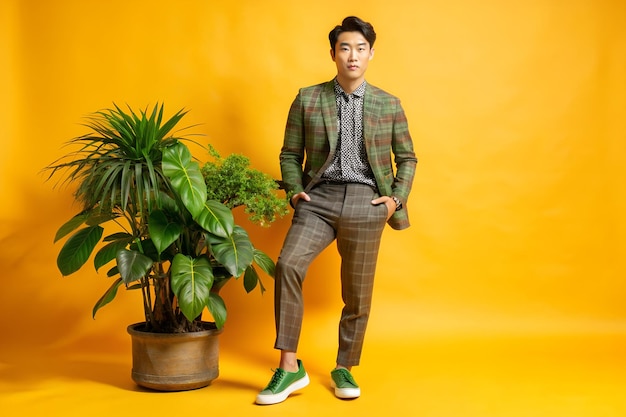 An asian man in a suit stands in front of a yellow background