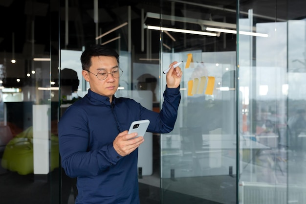 Asian man in thought writing down plans and strategy on colored paper on glass board brainstorming