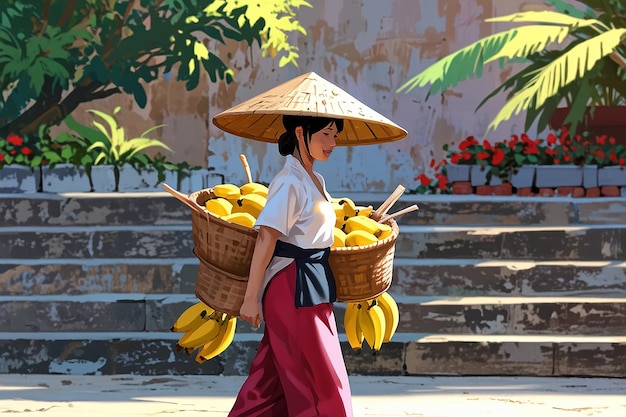 Photo asian man in traditional vietnamese conical hat carrying yoke with whicker baskets with bananas