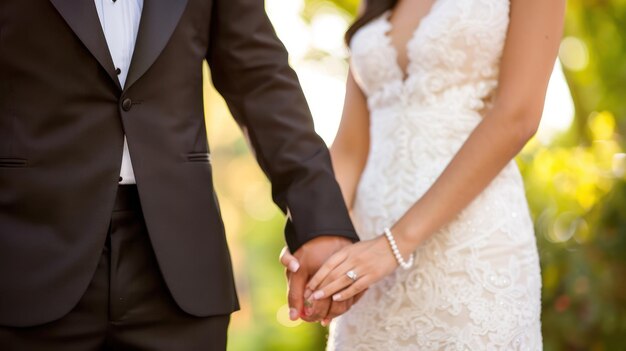 Asian man tuxedo holding brides hands outdoors photo real dreamy