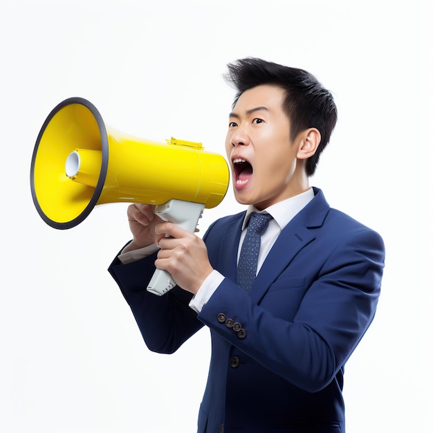 Asian man using a yellow megaphone isolated on white or transparent background AI Generated