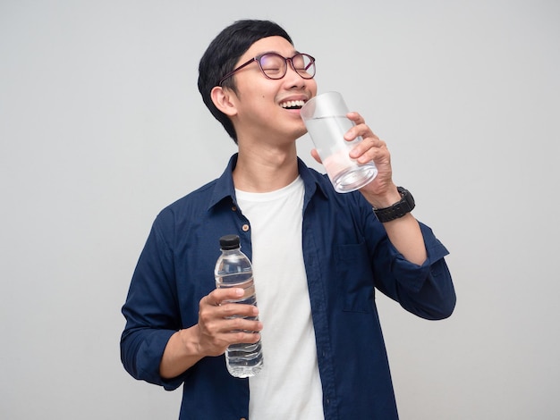 Asian man wear glasses drinking water good healthy isolated