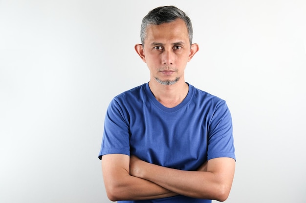 Asian man wearing blue tshirt with crossed arms looking at the camera Positive person