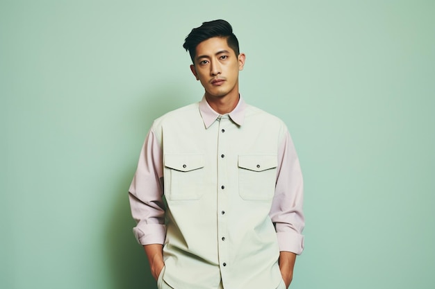 An asian man wearing double pocket fashion