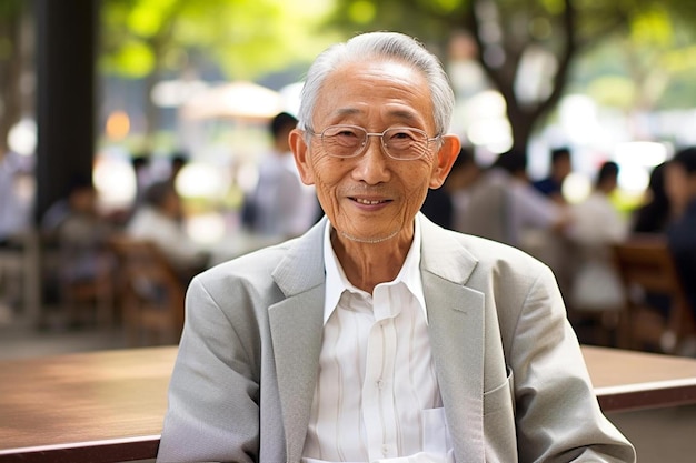 an asian man wearing a suit and glasses sits in a wooden chair