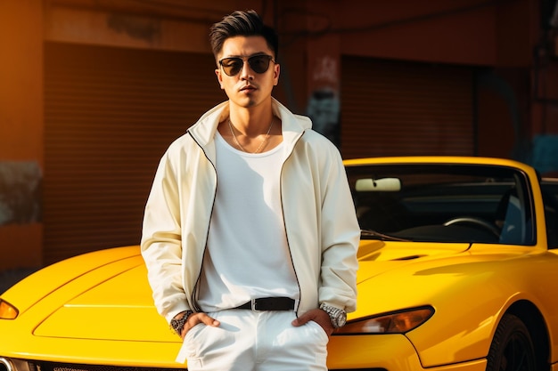 An Asian man wearing trendy fashion clothes