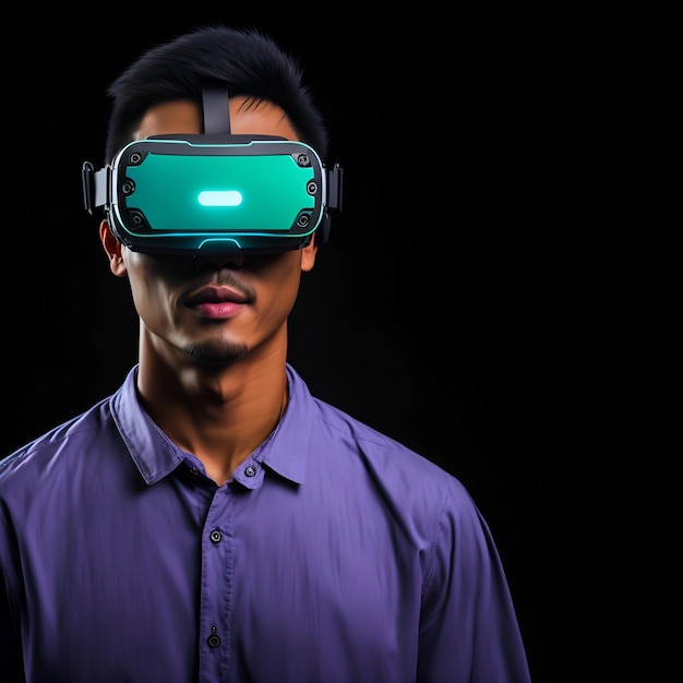 Asian Man Wearing a VR Headset with Neon Lighting