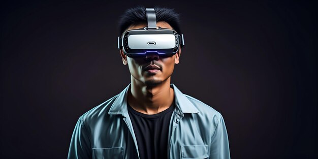 Asian Man Wearing a VR Headset with Neon Lighting