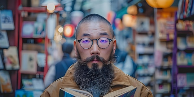 Photo asian man with a beard and violet eyes reading on a vibrant street concept portraits street photography asian culture reading vibrant colors