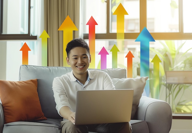 Asian man with laptop colorful arrows representing data analysis soft light