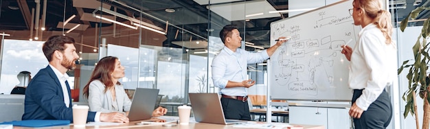 Asian man and woman conducts meeting for employees near a flipchart and explains the work strategy