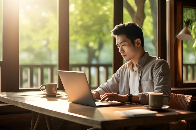 Asian man working with his laptop computer in Cafe Businessman working at workspace Generative AI