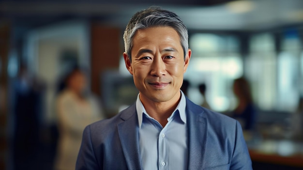 Asian mature professional business man standing in an office smiling confidently Business corporate people background