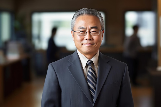 Asian mature professional business man standing in an office smiling confidently Business corporate people background