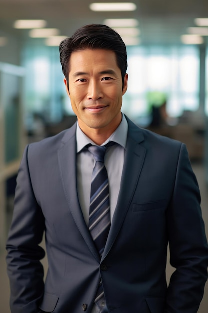 Asian mature professional business man standing in an office smiling confidently Business corporate people background