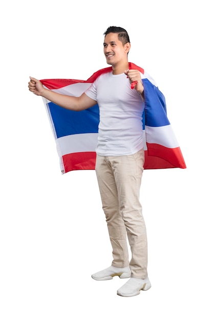 Asian men celebrate Thailand's independence day on 05 December by holding the Thailand flag