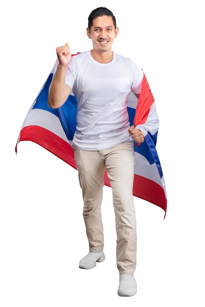 Asian men celebrate Thailand's independence day on 05 December by holding the Thailand flag