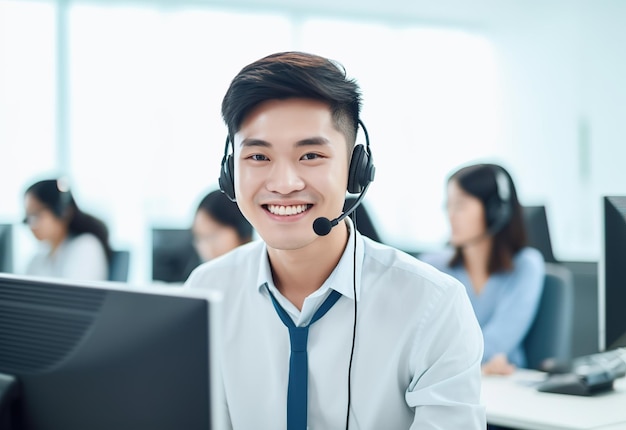 Asian men operator woman agent with headsets working in a call center