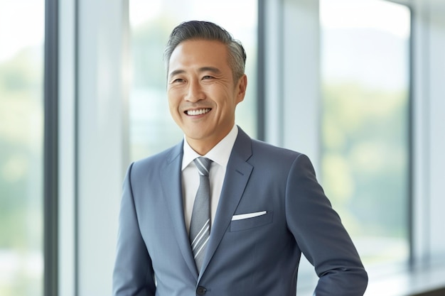 Asian middle age business man in navy suit with happy expression