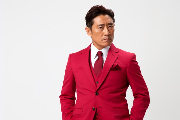 Asian middle age businessman in red suit with confused expression